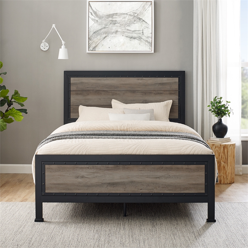 Queen Industrial Wood and Metal Panel Bed in Grey Wash