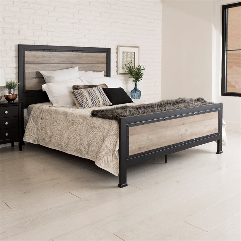 Queen Industrial Wood And Metal Panel Bed In Grey Wash Bqawgw