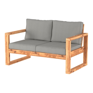 Walker Edison Hudson Acacia Wood Patio Love Seat with Gray Cushions in Brown