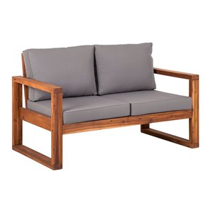 open side patio love seat with gray cushions in brown