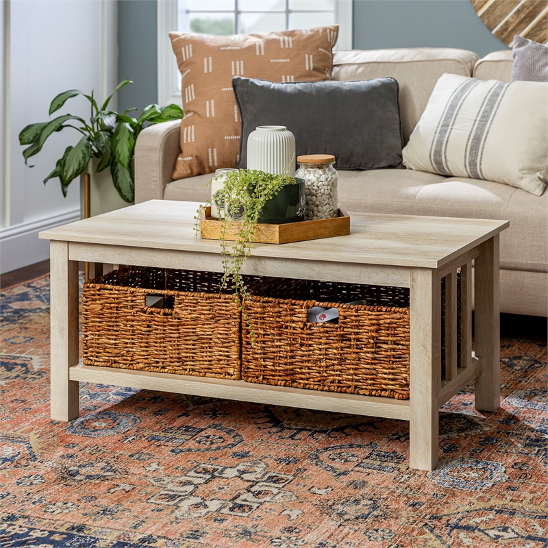 40" Rustic Wood Storage Coffee Table with Totes White Oak Cymax