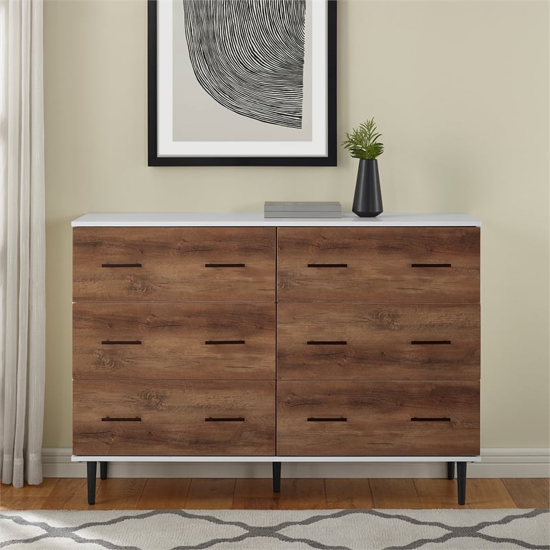 Modern Wood 6-Drawer Buffet - White/Rustic Oak