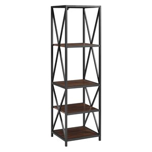 metal x media tower bookcase with wood shelves -dark walnut