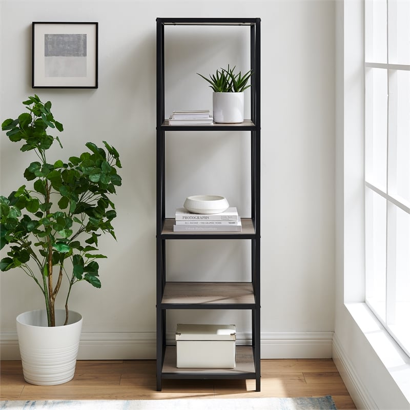Metal X Media Tower Bookcase with Wood Shelves - Gray Wash