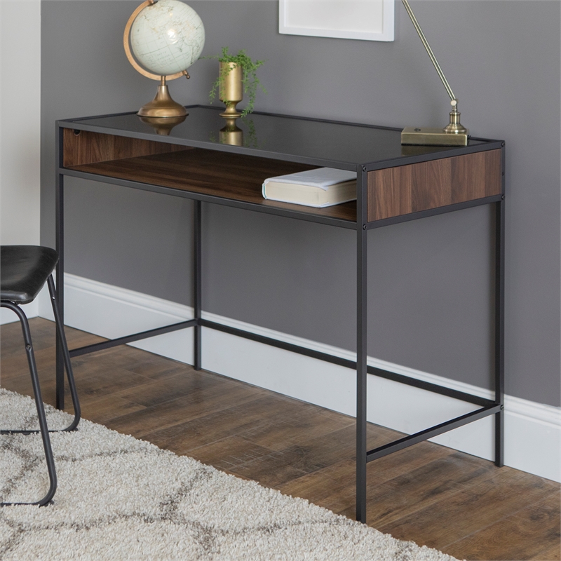 42" Metal and Wood Desk with Glass and Shelf Dark Walnut DM42JERDW