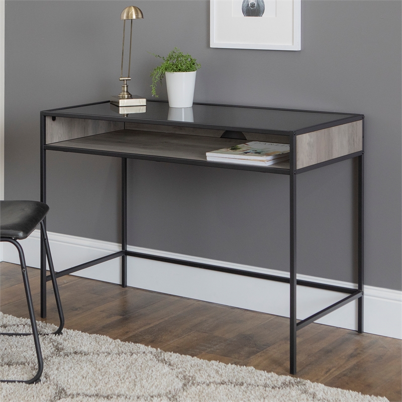 42" Metal and Wood Desk with Glass and Shelf Grey Wash Cymax Business