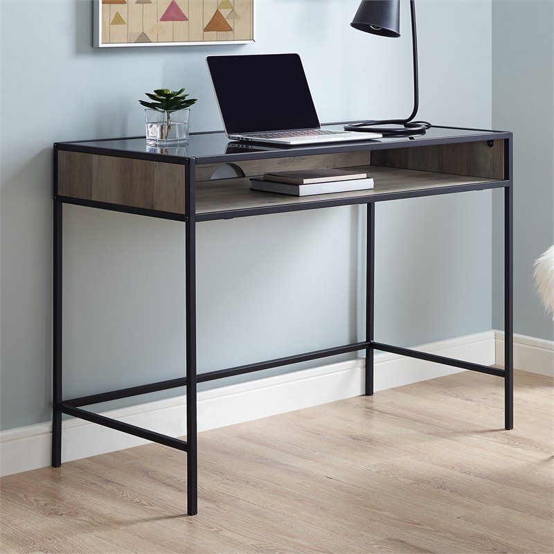 42 Metal And Wood Desk With Glass And Shelf Grey Wash Dm42jergw