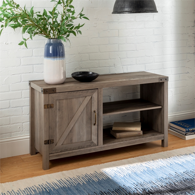 44 inch Rustic Farmhouse Barn Door TV Stand - Grey Wash