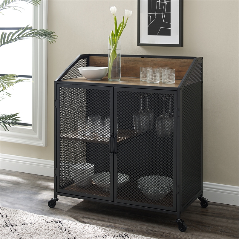 33 inch Industrial Black and Rustic Oak Metal and Wood Bar Cabinet with Mesh