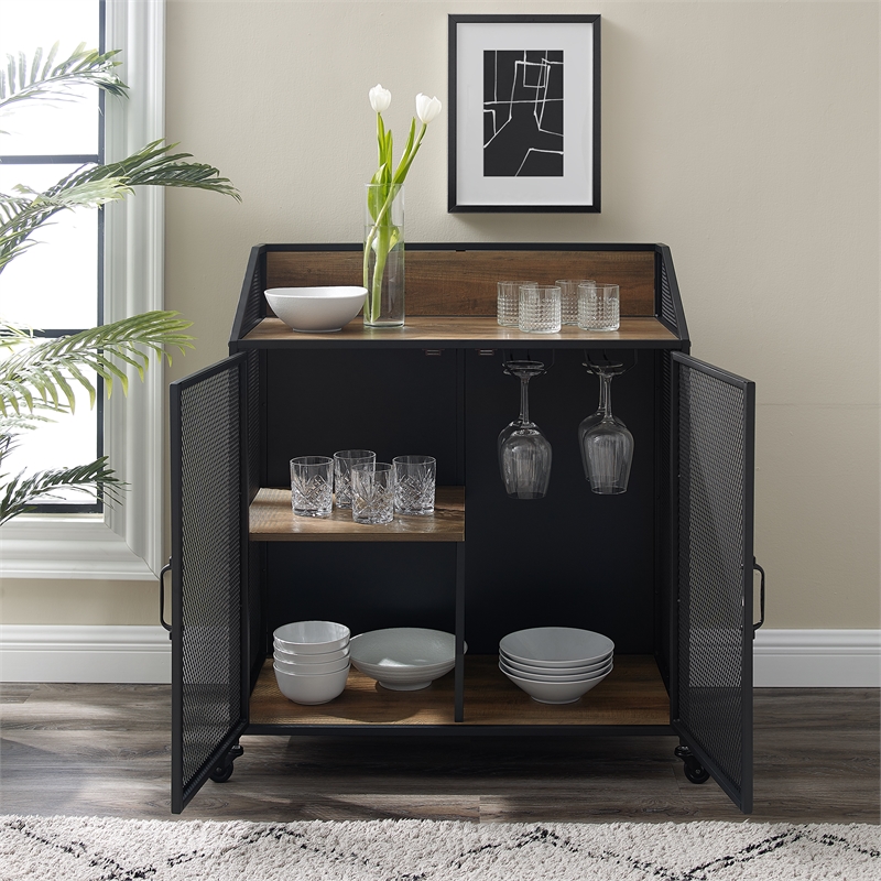 33 inch Industrial Black and Rustic Oak Metal and Wood Bar Cabinet with Mesh