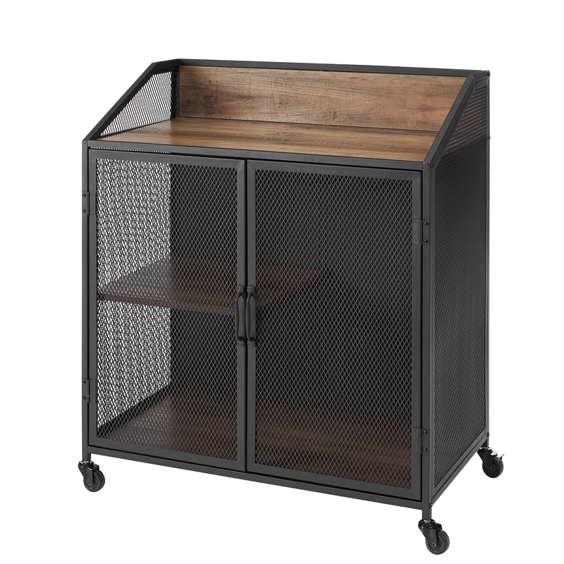 33 inch Industrial Black and Rustic Oak Metal and Wood Bar Cabinet with Mesh