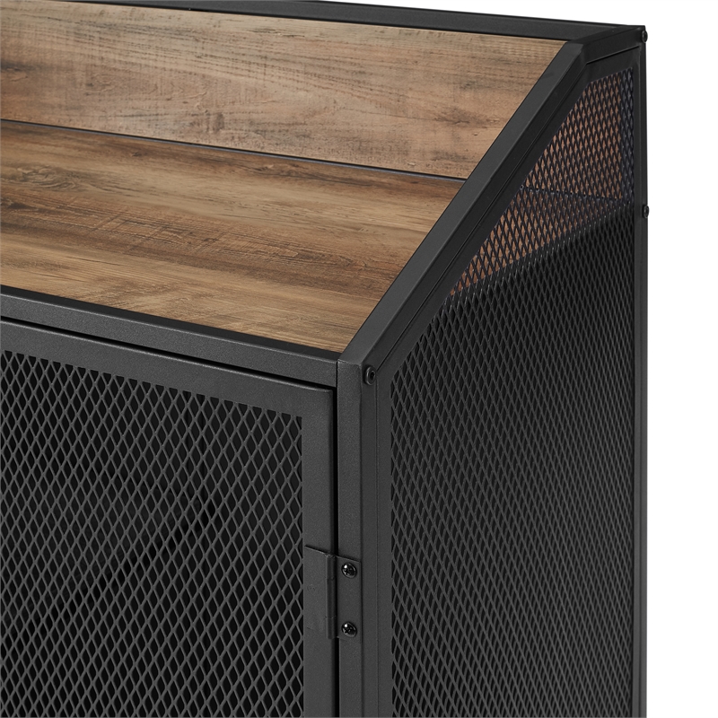 33 inch Industrial Black and Rustic Oak Metal and Wood Bar Cabinet with Mesh