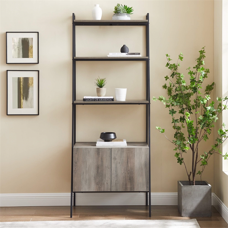 72-inch Grey Wash Wood and Metal Ladder Storage Shelf