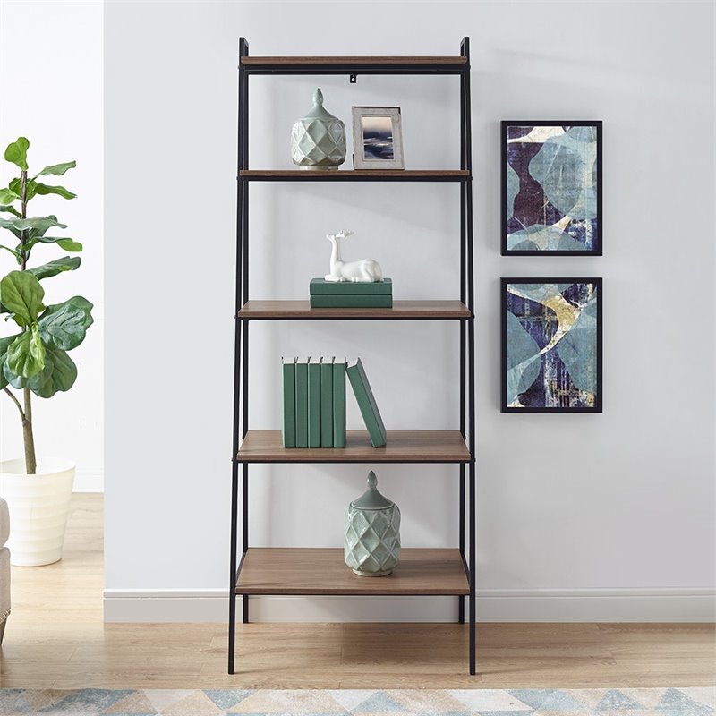 72 inch Metal and Medium Walnut Wood Ladder Shelf Cymax Business