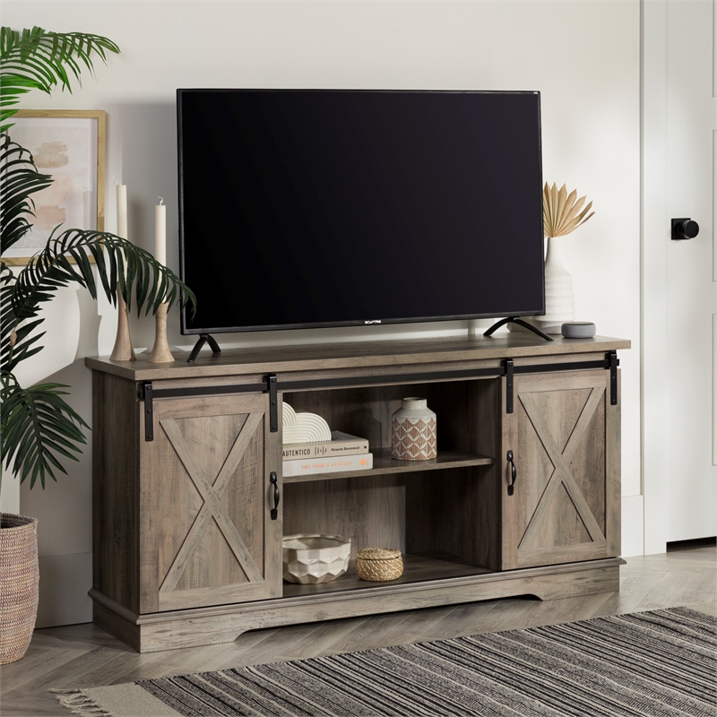 58 inch Sliding Barn Door TV Stand in Gray Wash