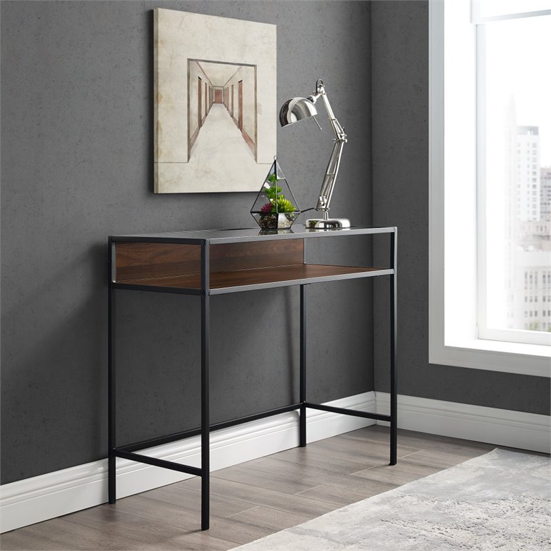 35 inch Metal and Wood Compact Dark Walnut Desk with Glass DM35JERDW