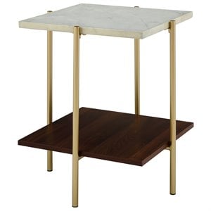 20 inch square side table in white faux marble and gold