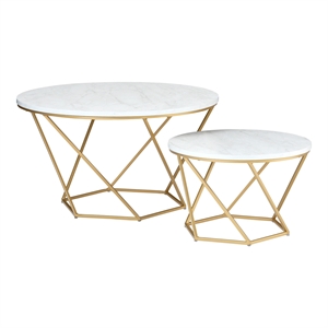 modern geometric nesting coffee tables in gold with white faux marble top
