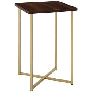 16 inch square side table with dark walnut top and gold legs