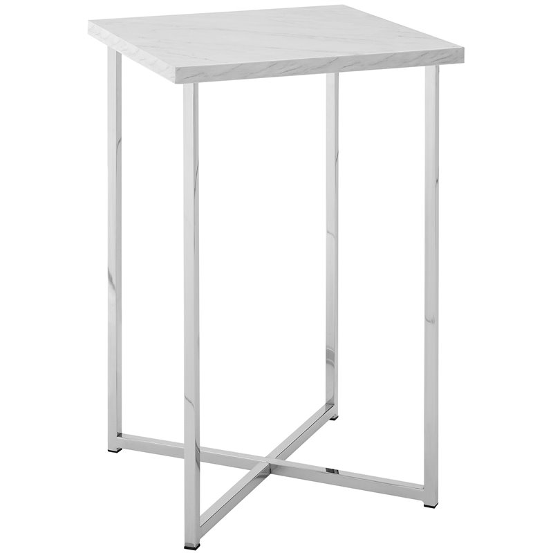 16 Inch Square Side Table With White Faux Marble And Chrome Legs