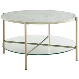 32 inch round coffee table with white faux marble and gold legs