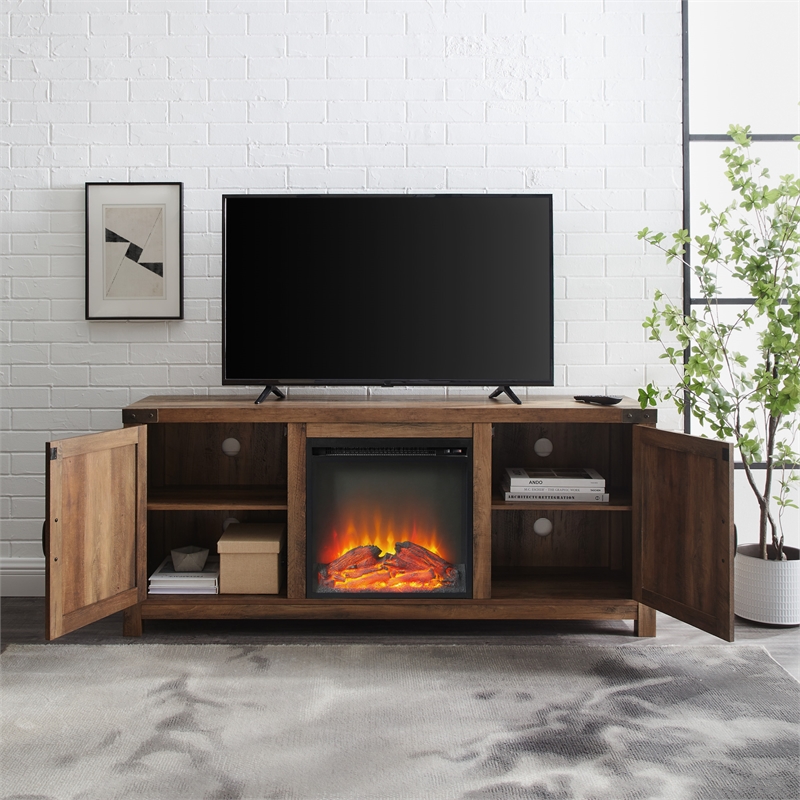 58" Wood Rustic Modern Farmhouse Fireplace TV Stand Rustic Oak