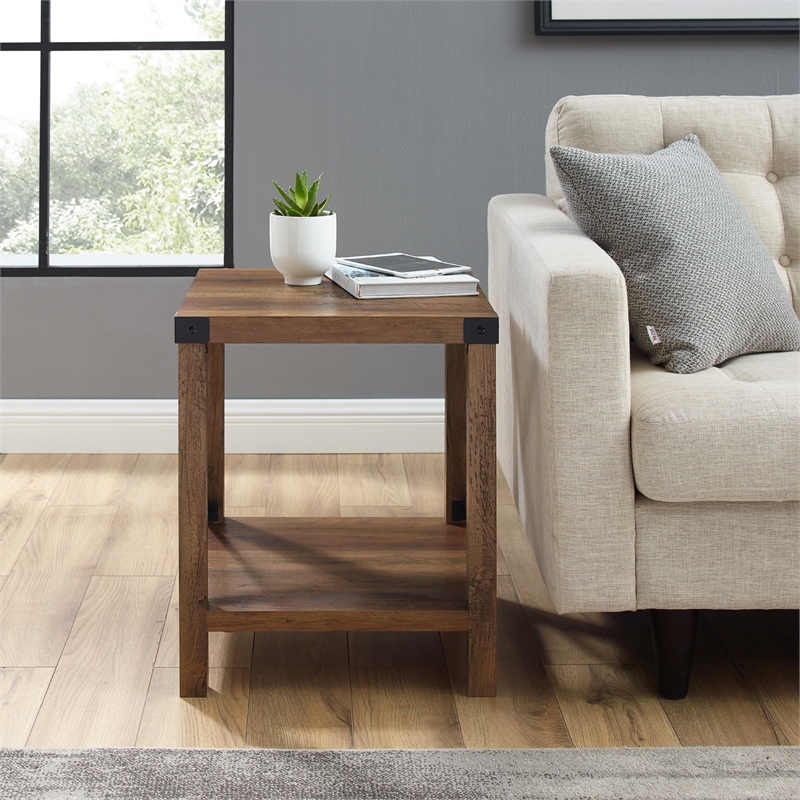 18-inch Farmhouse Metal X Wood Side Table in Reclaimed Barnwood Brown