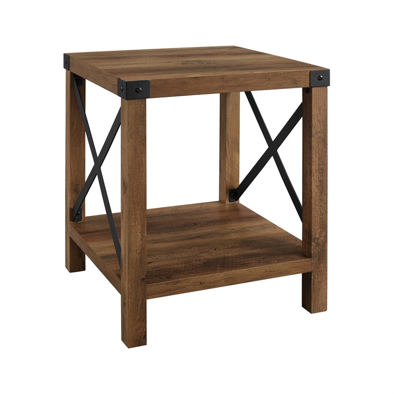 18-inch Farmhouse Metal X Wood Side Table in Reclaimed Barnwood Brown