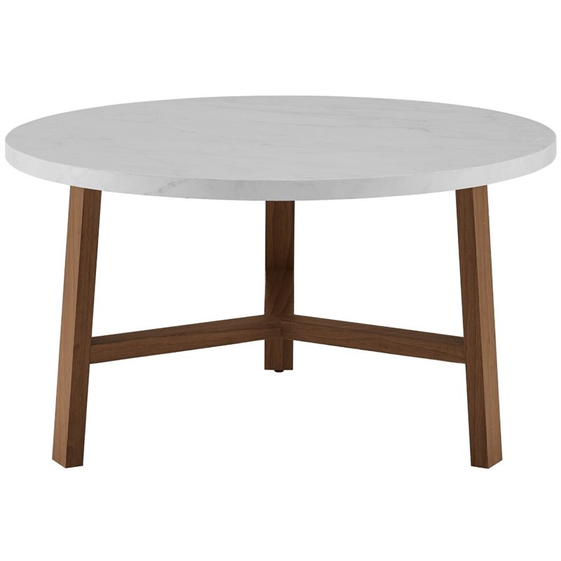 30 inch Wood Round Coffee Table in White Faux Marble and Acorn