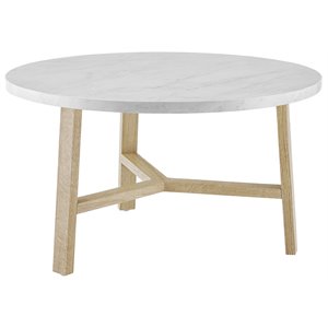 30 inch round coffee table in white faux marble and light oak