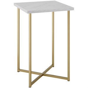 16 inch square side table with white faux marble top and gold base