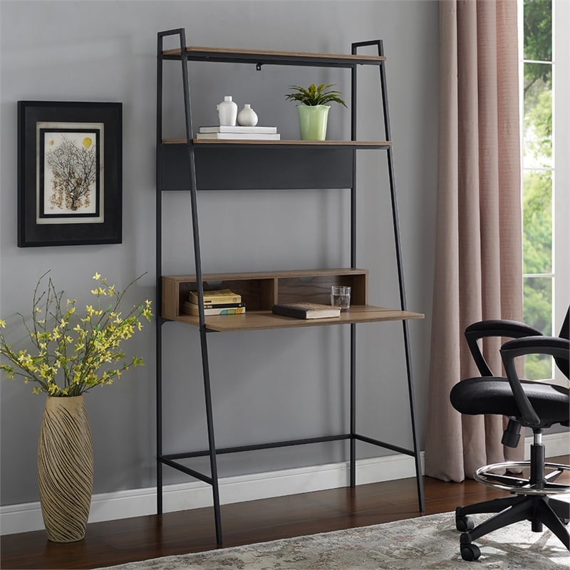 36 inch Metal and Wood Ladder Desk in Medium Walnut - D36ARLOMO