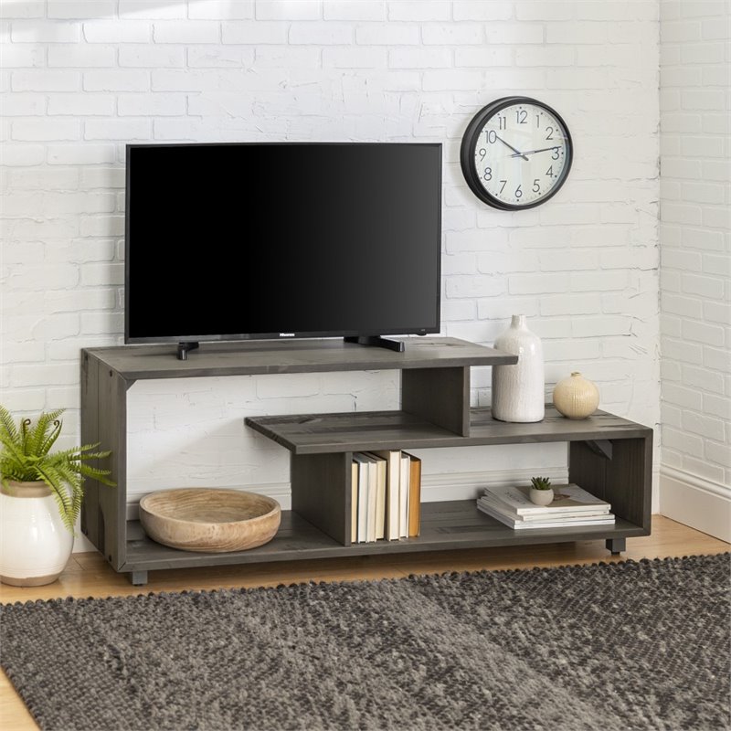 60 inch Rustic Solid Wood Asymmetrical TV Stand Console in Grey Cymax
