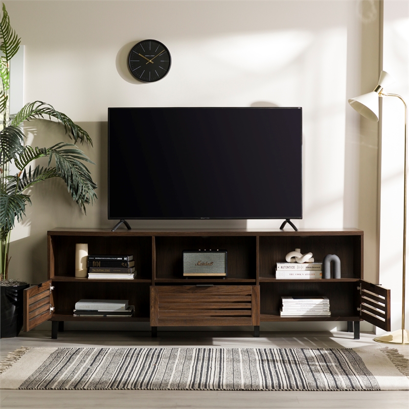 70 inch Wood Slat Door TV Stand Console in Dark Walnut