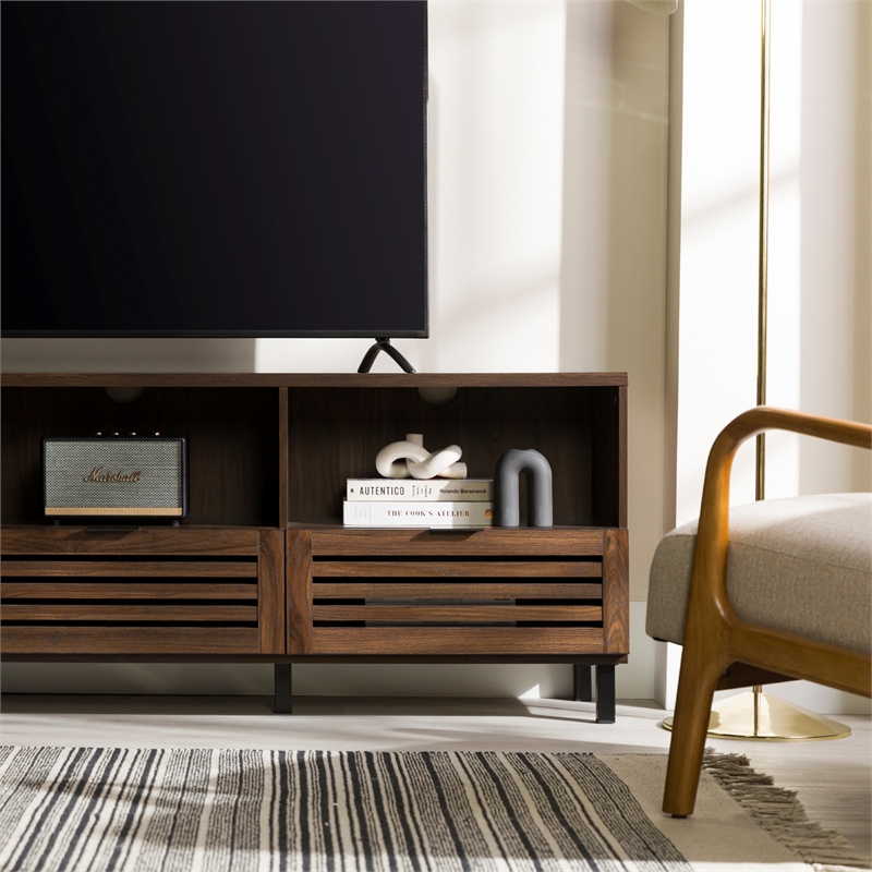 70 inch Wood Slat Door TV Stand Console in Dark Walnut