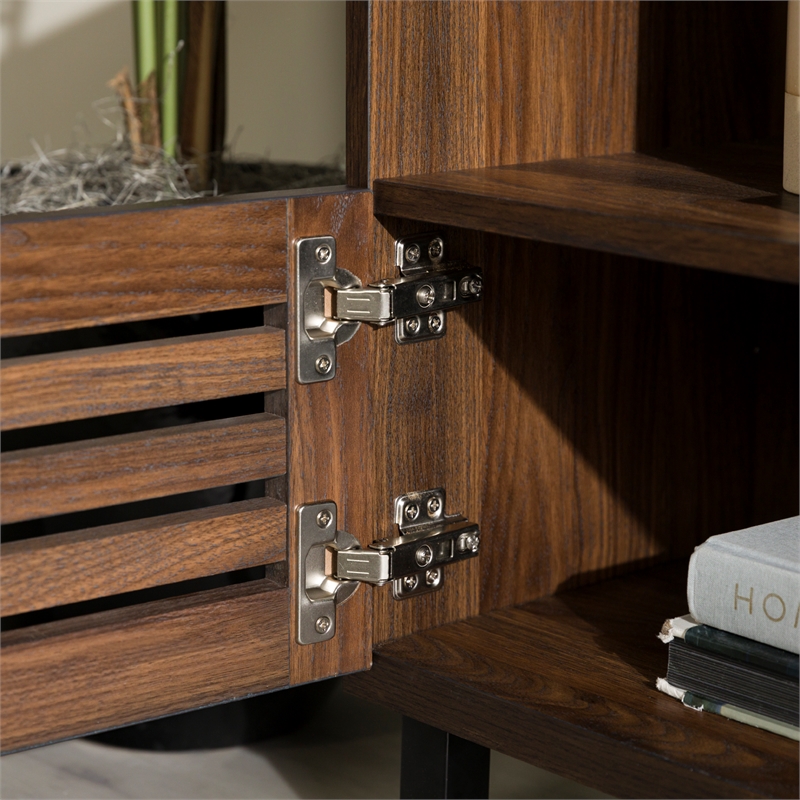 70 inch Wood Slat Door TV Stand Console in Dark Walnut