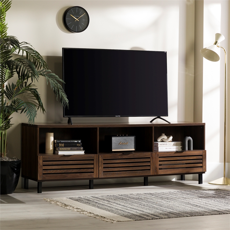 70 inch Wood Slat Door TV Stand Console in Dark Walnut