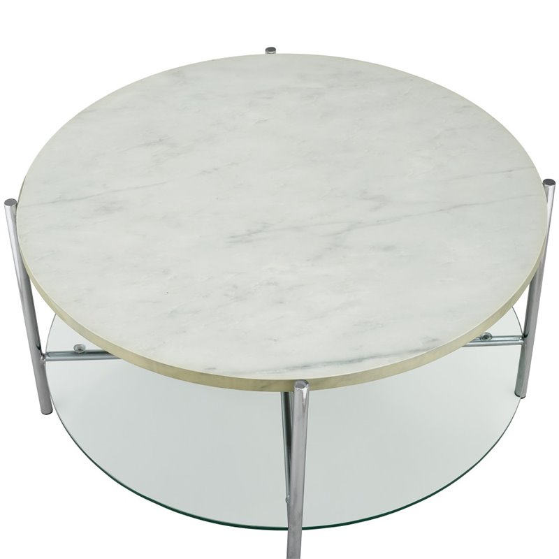 White Faux Marble Top And Glass Shelf, 32 Inch Round Glass Table Top