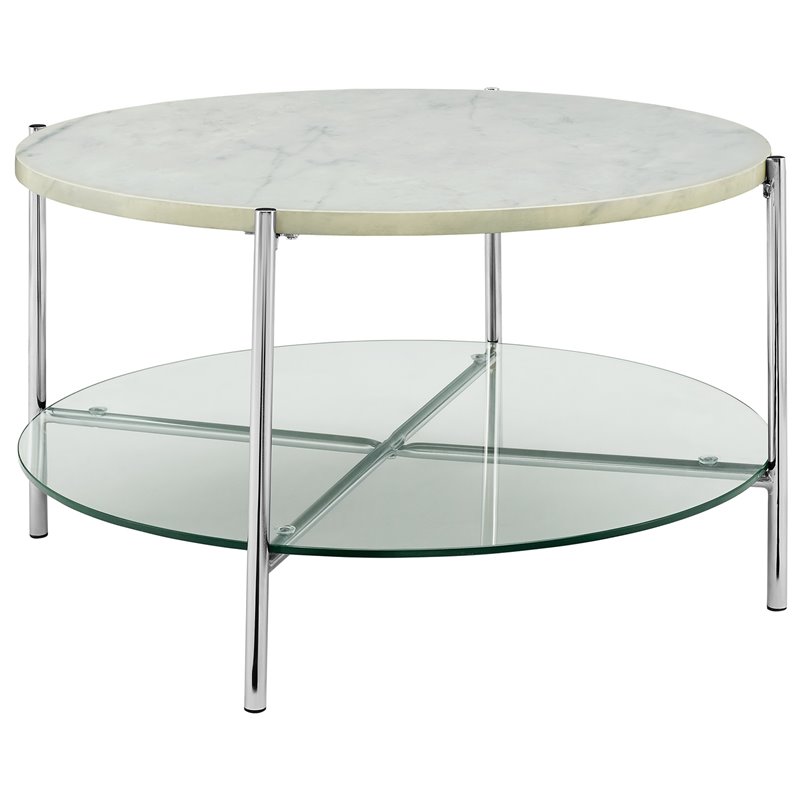 White Faux Marble Top And Glass Shelf, Round Glass Top Coffee Table With Shelf
