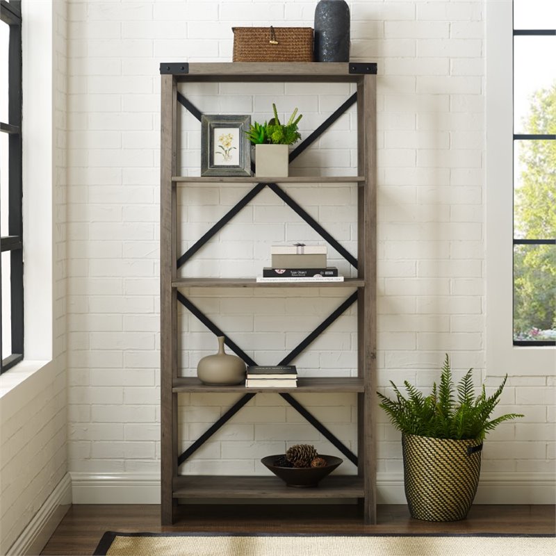 64" Farmhouse Metal X Bookcase Grey Wash BS64MXGW