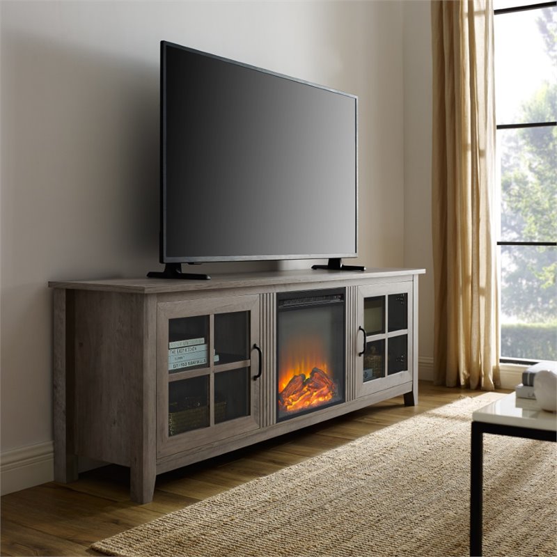 70" Farmhouse Wood Fireplace TV Stand with Glass Doors ...