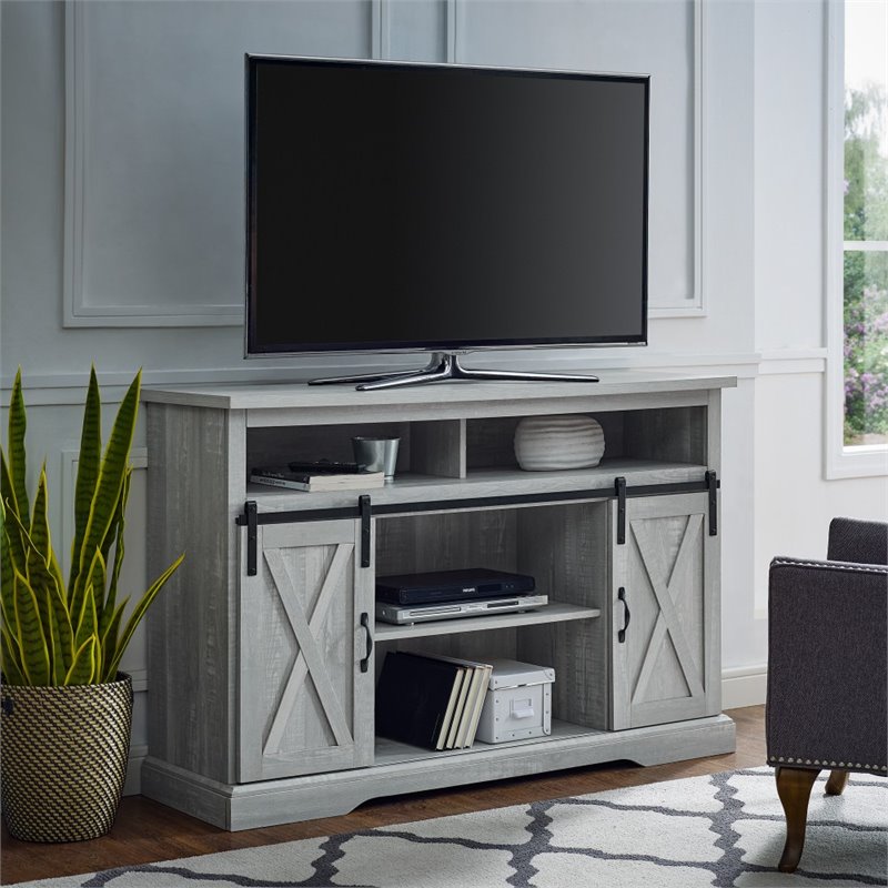 52" Modern Farmhouse Sliding Barn Door Highboy TV Stand Stone Gray