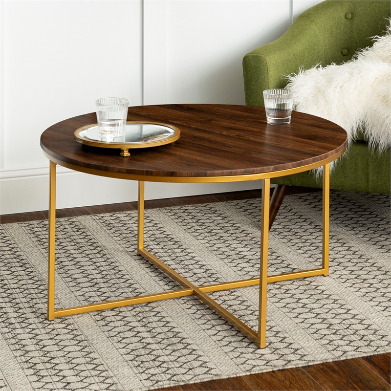 2Piece Round Coffee Table Set Dark Walnut and Gold Cymax Business