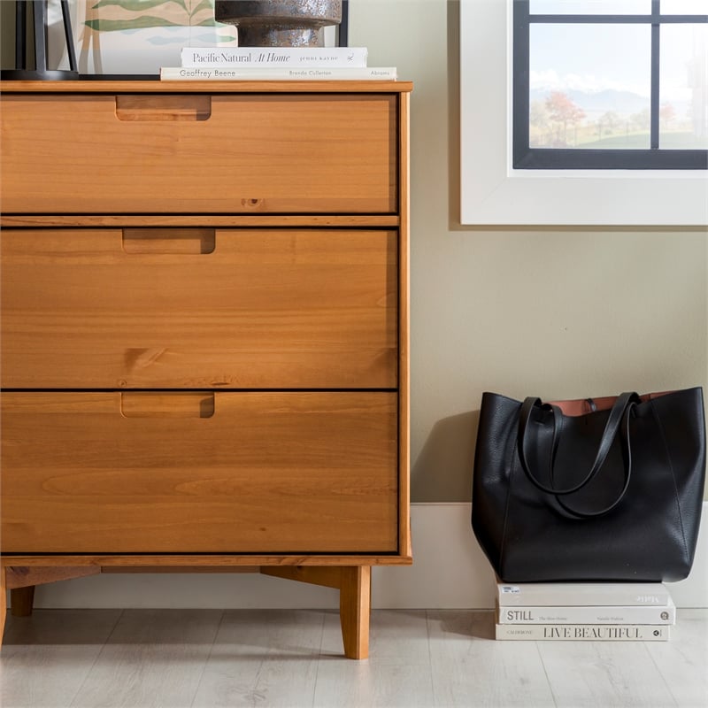 3 Drawer Mid Century Modern Wood Dresser - Caramel
