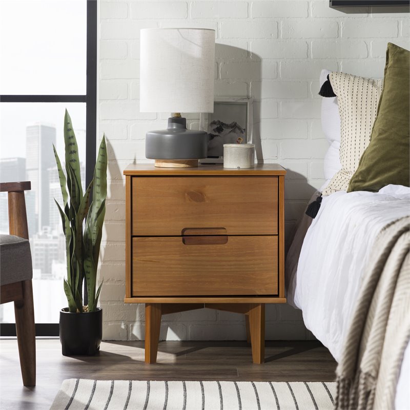 Walker Edison Mid Century Modern Wood 2 Drawer Nightstand in Caramel