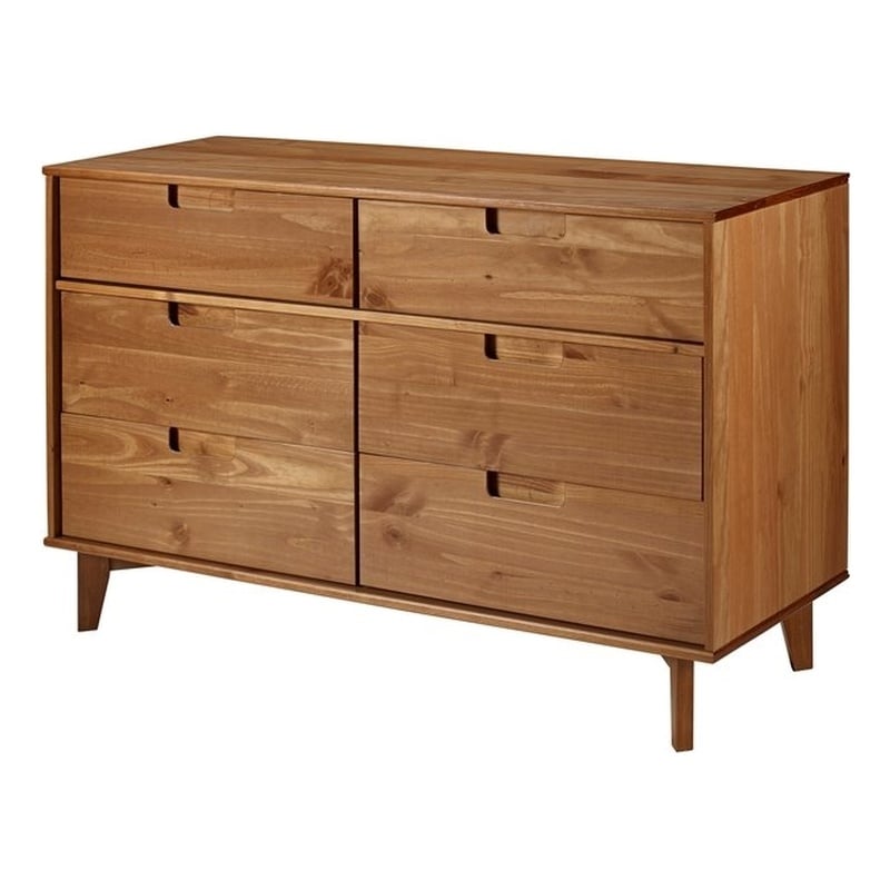 Walker Edison 6 Drawer Mid Century Modern Wood Dresser in Caramel