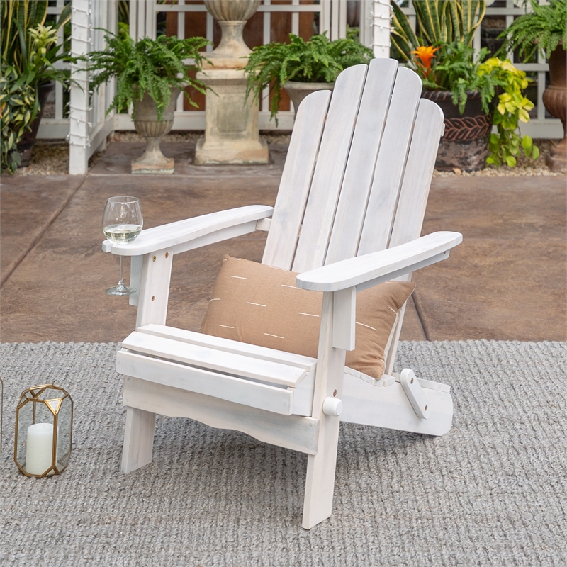 Outdoor Wood Adirondack Chair With Wine Glass Holder In White Wash