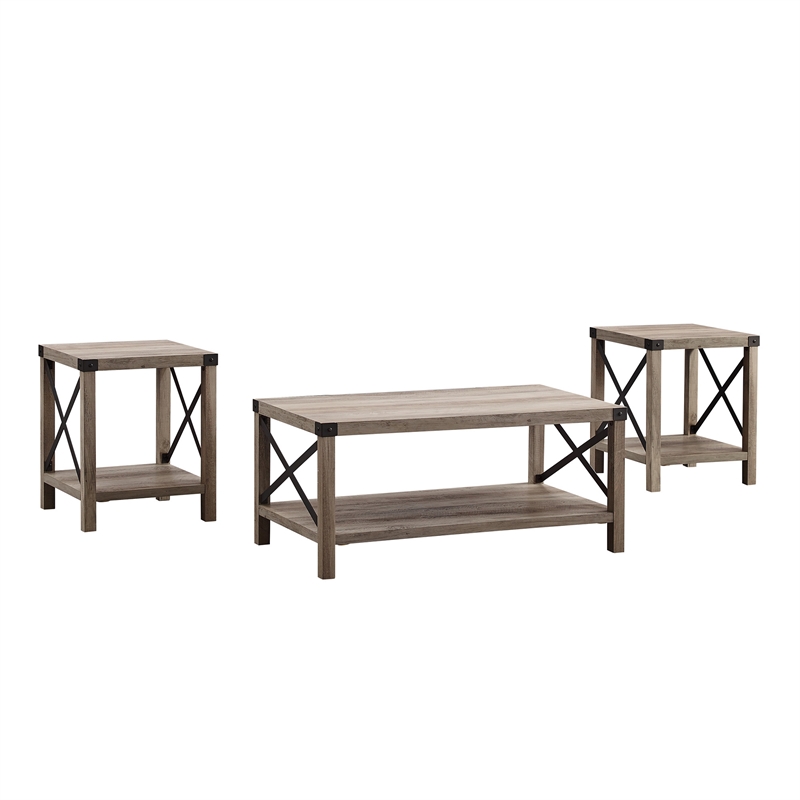 Walker Edison Metal X 3-Piece Wood and Metal Coffee Table Set in Gray Wash