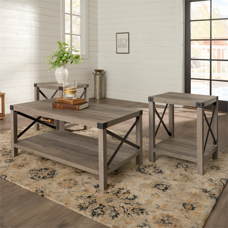 3-Piece Rustic Wood & Metal Accent Table Set - Grey Wash | eBay