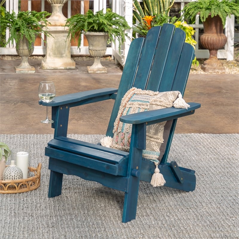 Outdoor Wood Patio Adirondack Chair With Wine Glass Holder Navy
